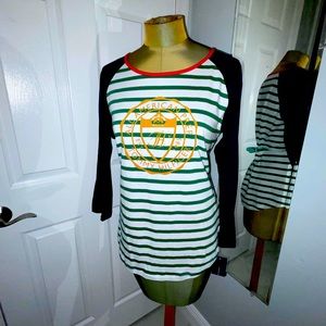 Green and white stripe with blue sleeves